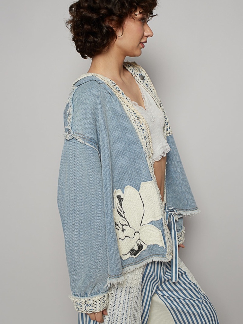 POL Light Blue Hooded Cardigan with Cream Crochet Trim - Picture 2 of 4